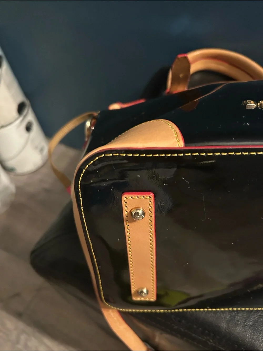 Dooney Bourke Black Patent and Tan Leather Satchel Shoulder Bag